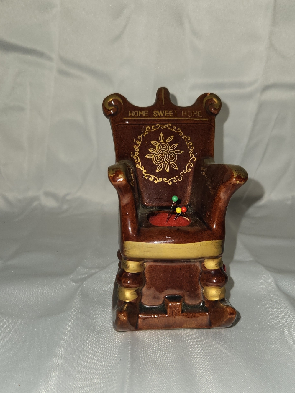 Vintage 'Home Sweet Home' Ceramic Chair Pin Cushion With Measure T- Brown & Gold